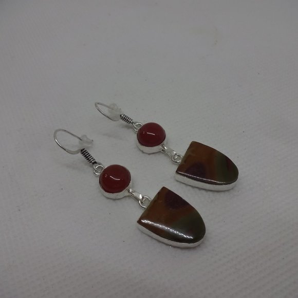 Natural "BLOODSTONE AGATE & CARNELIAN" Handmade Sterling Dangle Earrings #26A - Picture 2 of 3